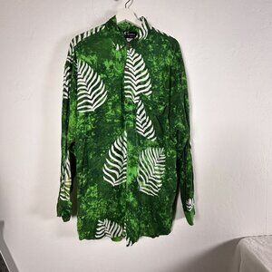 Exotica Unisex Green Leaf Pattern Long Sleeve Button-Up Hawaiian Shirt Large